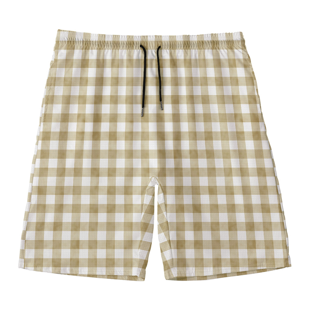 Beige And White Gingham Pattern Print Men's Swim Trunks