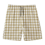 Beige And White Gingham Pattern Print Men's Swim Trunks