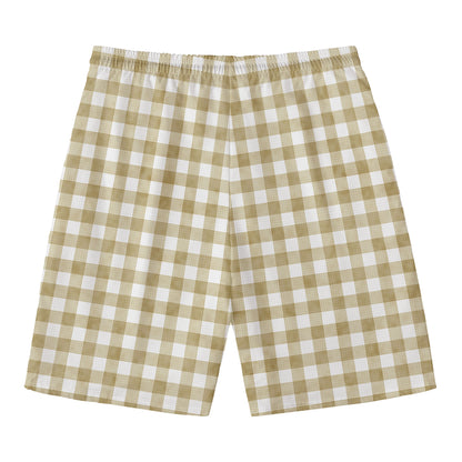 Beige And White Gingham Pattern Print Men's Swim Trunks