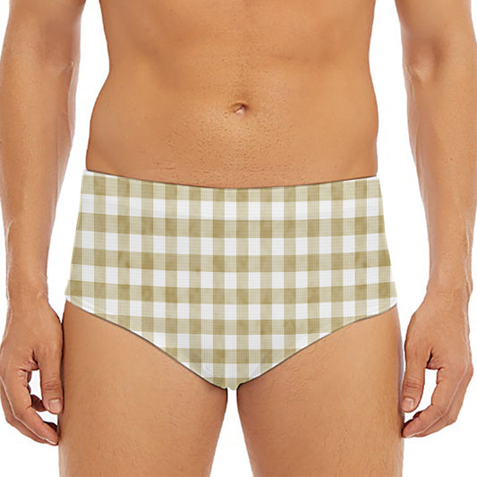 Beige And White Gingham Pattern Print Men's Triangle Swim Briefs
