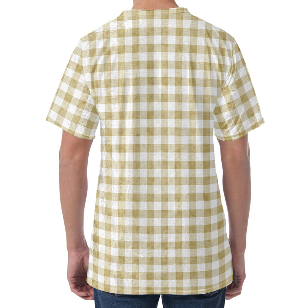 Beige And White Gingham Pattern Print Men's Velvet T-Shirt