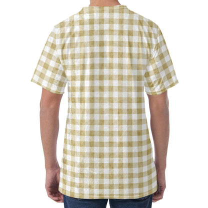 Beige And White Gingham Pattern Print Men's Velvet T-Shirt