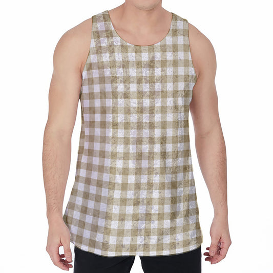 Beige And White Gingham Pattern Print Men's Velvet Tank Top