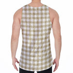 Beige And White Gingham Pattern Print Men's Velvet Tank Top