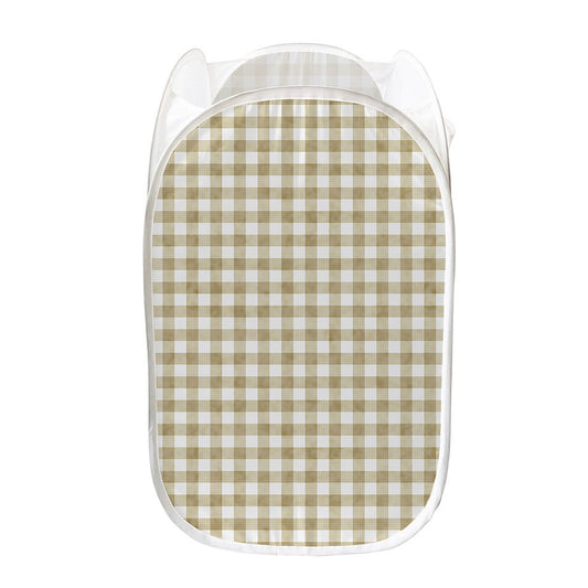 Beige And White Gingham Pattern Print Mesh Laundry Hamper