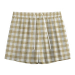 Beige And White Gingham Pattern Print Mesh Shorts