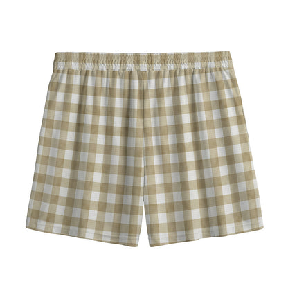 Beige And White Gingham Pattern Print Mesh Shorts
