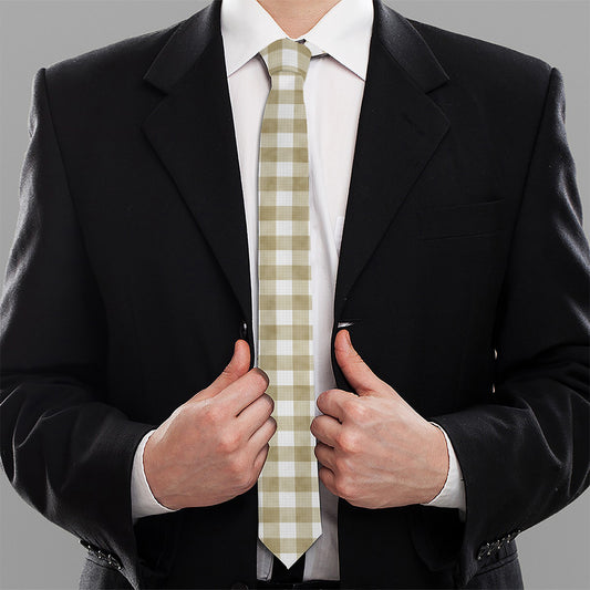 Beige And White Gingham Pattern Print Necktie