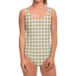 Beige And White Gingham Pattern Print One Piece Swimsuit