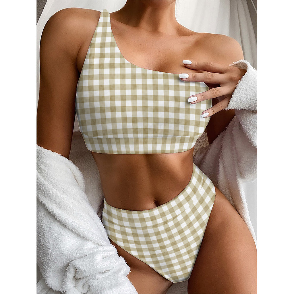 Beige And White Gingham Pattern Print One Shoulder Bikini Top