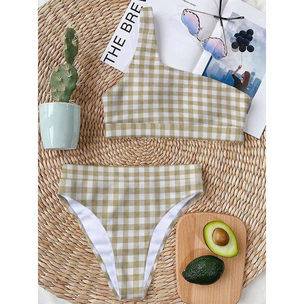 Beige And White Gingham Pattern Print One Shoulder Bikini Top
