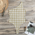 Beige And White Gingham Pattern Print One Shoulder Bodysuit