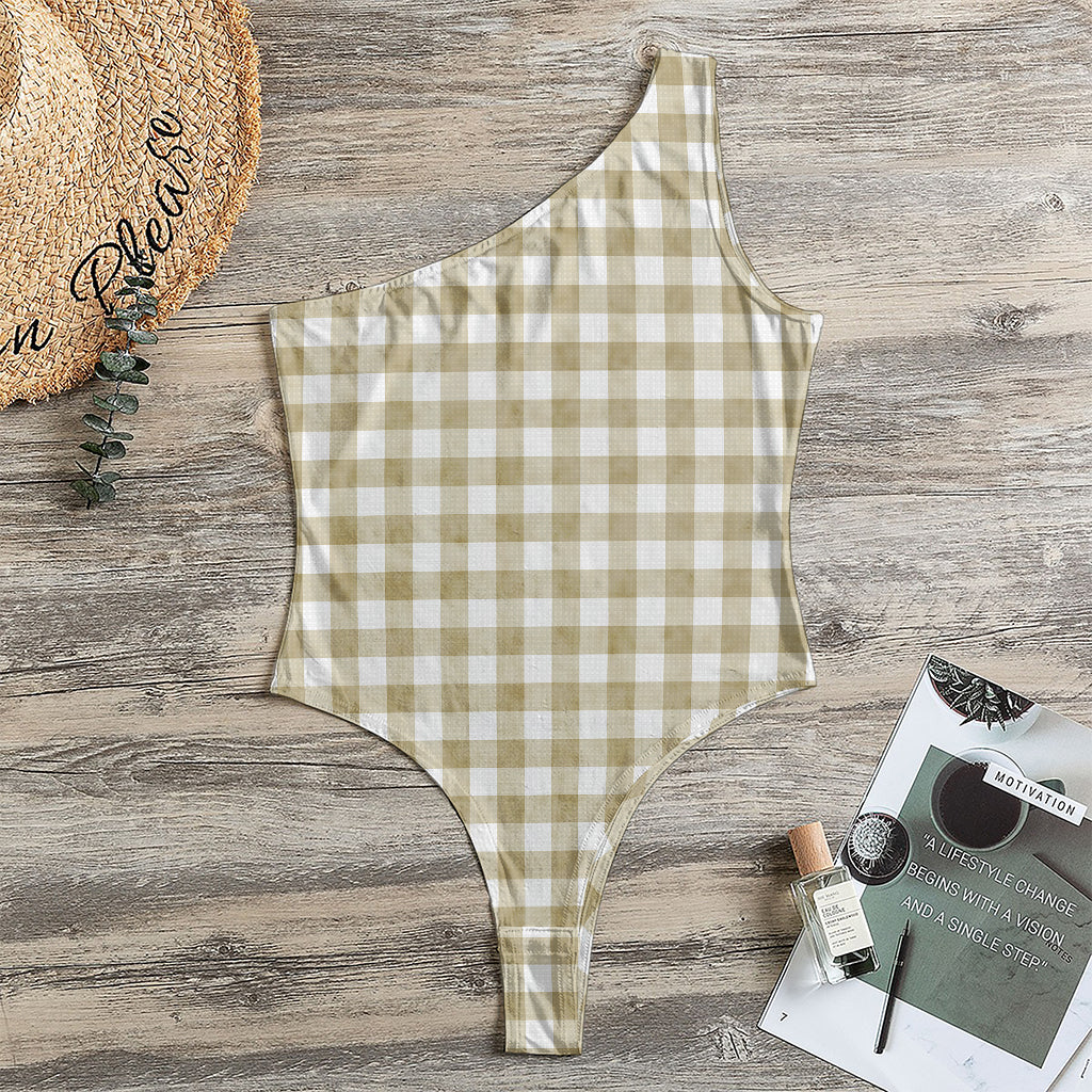 Beige And White Gingham Pattern Print One Shoulder Bodysuit