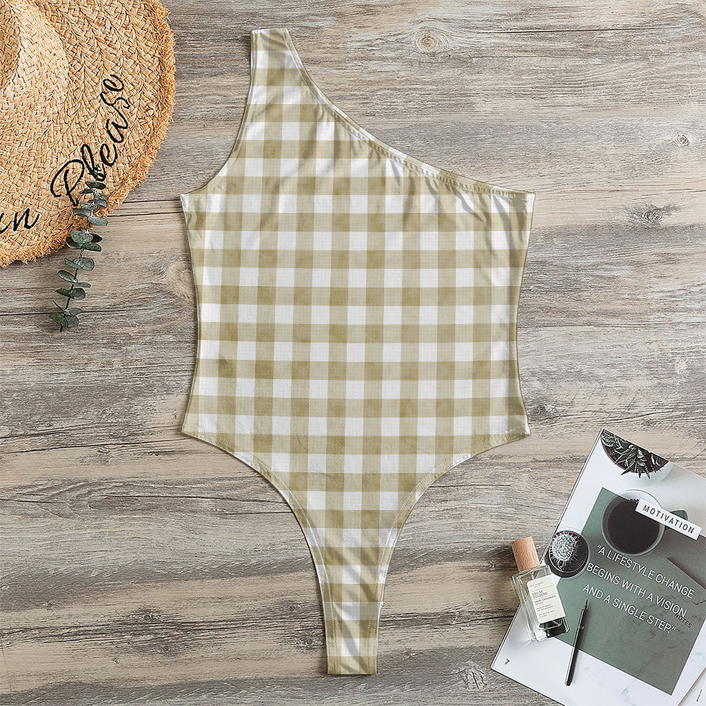 Beige And White Gingham Pattern Print One Shoulder Bodysuit