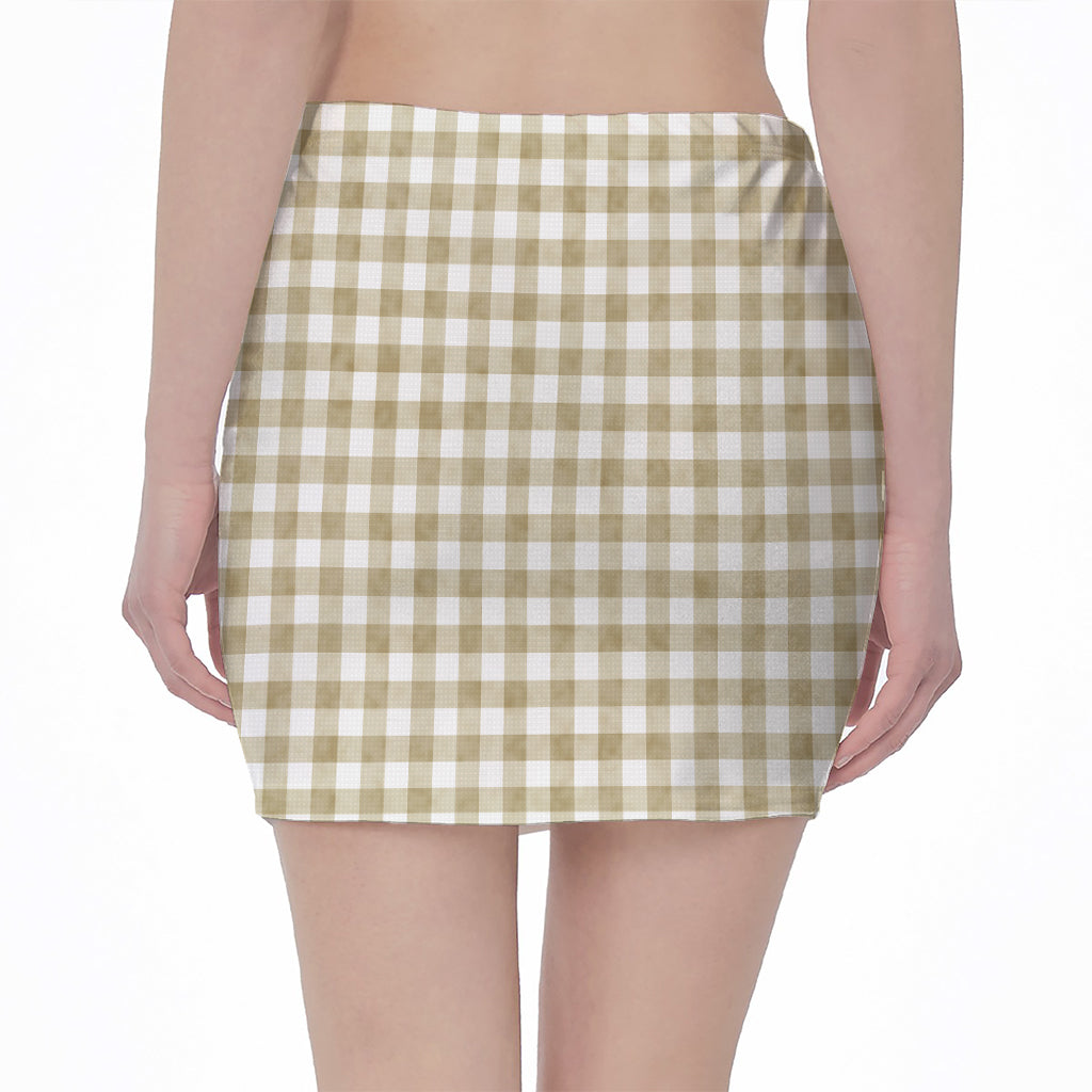 Beige And White Gingham Pattern Print Pencil Mini Skirt