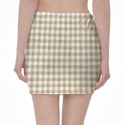 Beige And White Gingham Pattern Print Pencil Mini Skirt