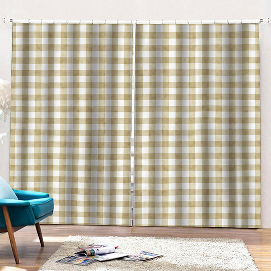 Beige And White Gingham Pattern Print Pencil Pleat Curtains