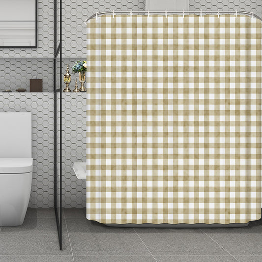 Beige And White Gingham Pattern Print Polyester Shower Curtain