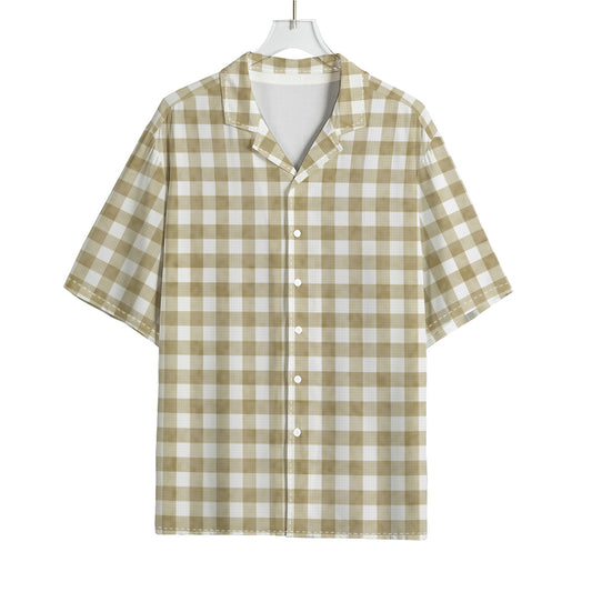 Beige And White Gingham Pattern Print Rayon Hawaiian Shirt