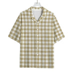 Beige And White Gingham Pattern Print Rayon Hawaiian Shirt