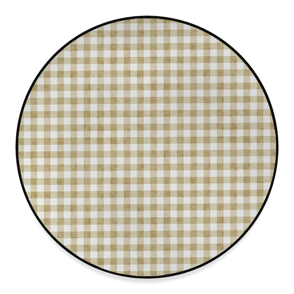 Beige And White Gingham Pattern Print Round Floor Mat