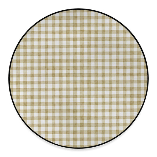 Beige And White Gingham Pattern Print Round Floor Mat