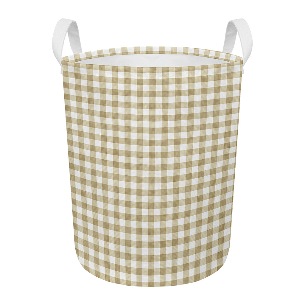Beige And White Gingham Pattern Print Round Laundry Basket