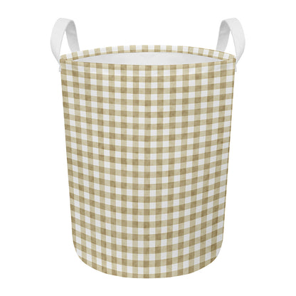 Beige And White Gingham Pattern Print Round Laundry Basket