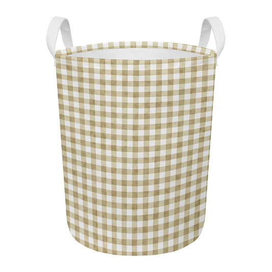 Beige And White Gingham Pattern Print Round Laundry Basket