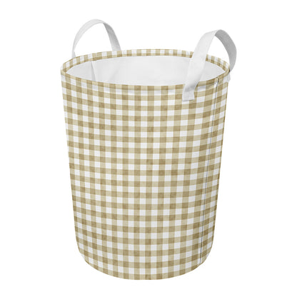 Beige And White Gingham Pattern Print Round Laundry Basket