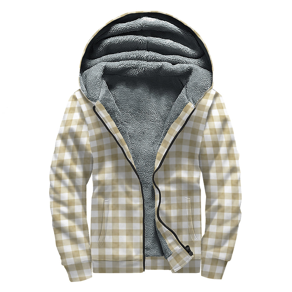 Beige And White Gingham Pattern Print Sherpa Lined Zip Up Hoodie