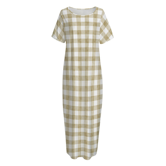 Beige And White Gingham Pattern Print Short Sleeve Long Nightdress