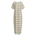 Beige And White Gingham Pattern Print Short Sleeve Long Nightdress
