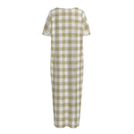 Beige And White Gingham Pattern Print Short Sleeve Long Nightdress