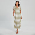 Beige And White Gingham Pattern Print Short Sleeve Maxi Dress