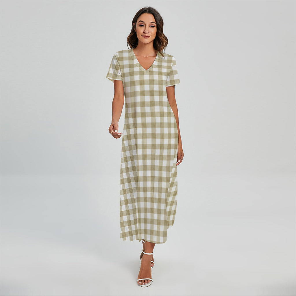 Beige And White Gingham Pattern Print Short Sleeve Maxi Dress