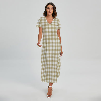 Beige And White Gingham Pattern Print Short Sleeve Maxi Dress