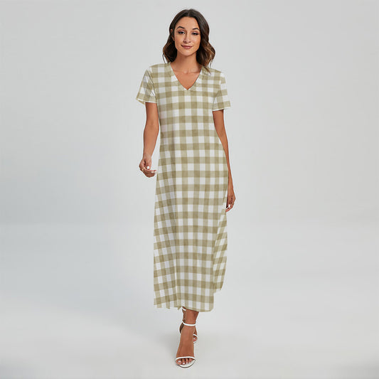 Beige And White Gingham Pattern Print Short Sleeve Maxi Dress