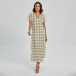 Beige And White Gingham Pattern Print Short Sleeve Maxi Dress