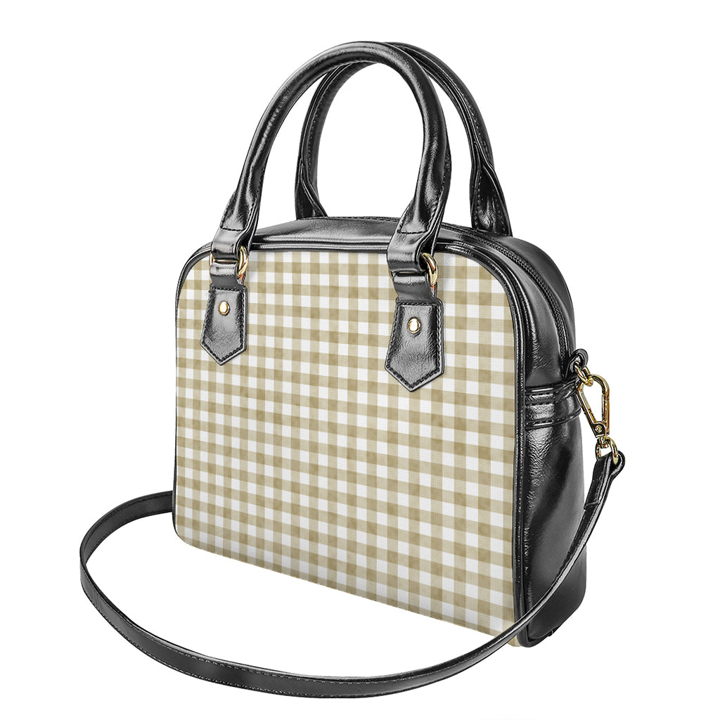 Beige And White Gingham Pattern Print Shoulder Handbag