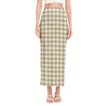 Beige And White Gingham Pattern Print Side Slit Maxi Skirt
