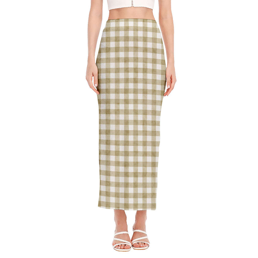 Beige And White Gingham Pattern Print Side Slit Maxi Skirt