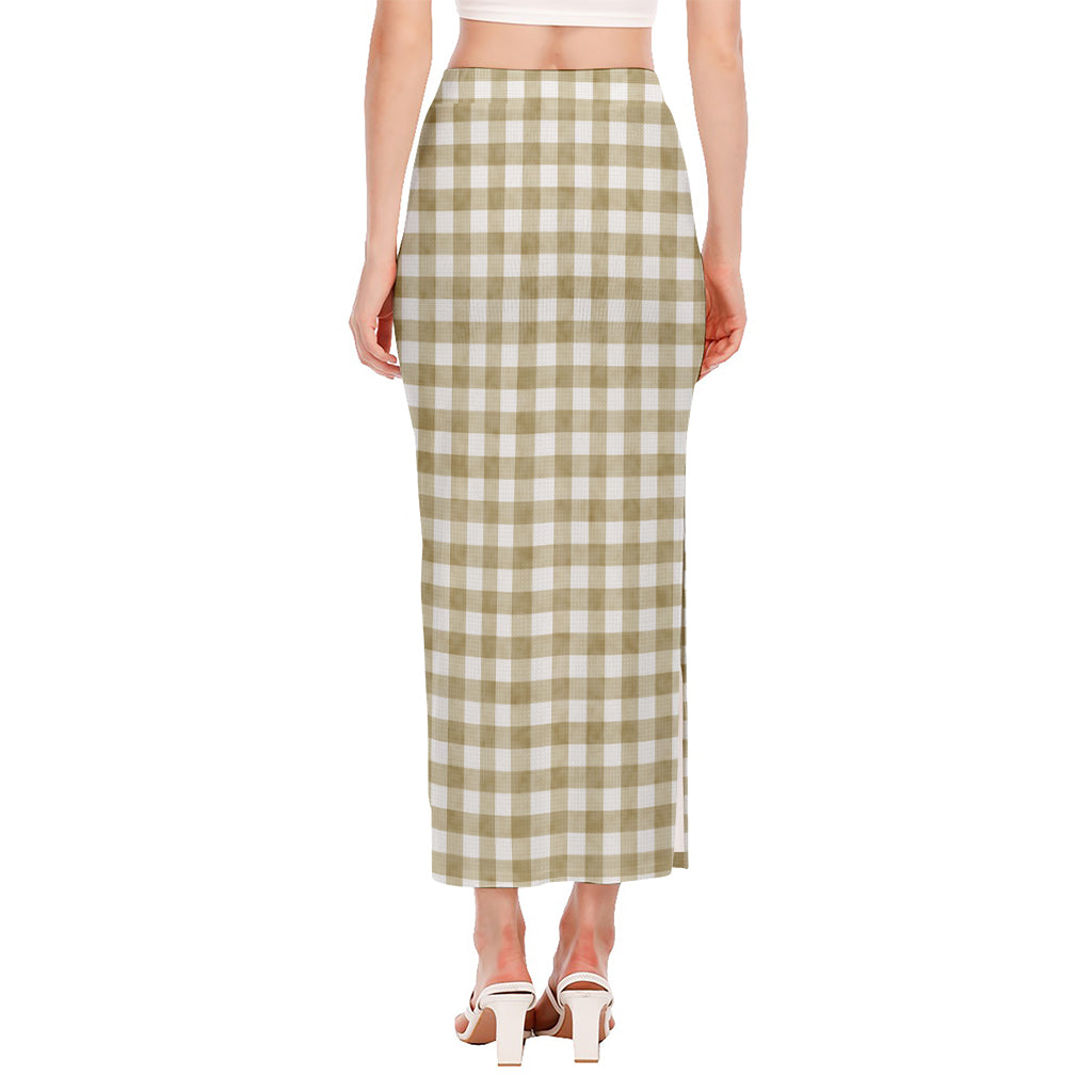 Beige And White Gingham Pattern Print Side Slit Maxi Skirt