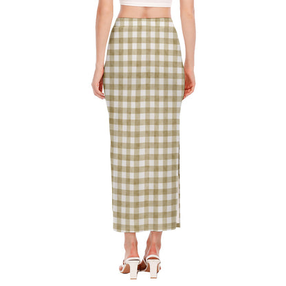 Beige And White Gingham Pattern Print Side Slit Maxi Skirt