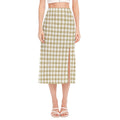 Beige And White Gingham Pattern Print Side Slit Midi Skirt