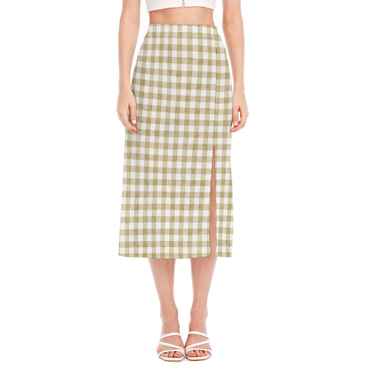 Beige And White Gingham Pattern Print Side Slit Midi Skirt