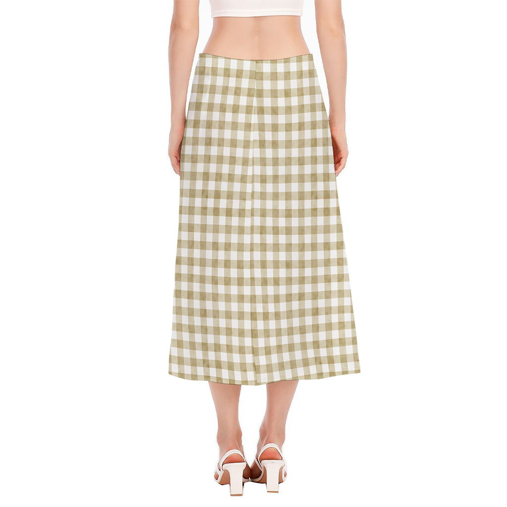 Beige And White Gingham Pattern Print Side Slit Midi Skirt