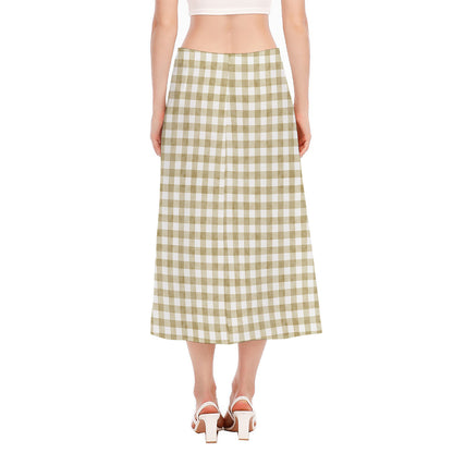 Beige And White Gingham Pattern Print Side Slit Midi Skirt