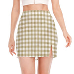 Beige And White Gingham Pattern Print Side Slit Mini Skirt