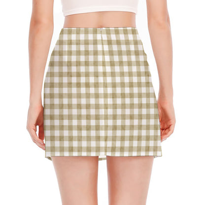 Beige And White Gingham Pattern Print Side Slit Mini Skirt